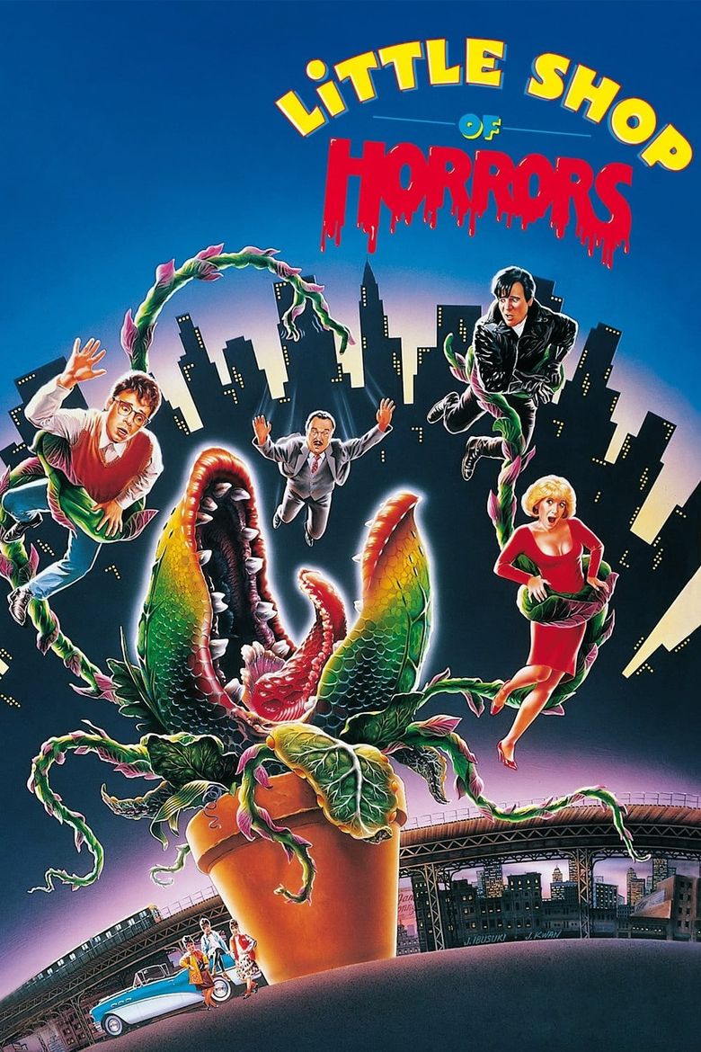 the movie cover for the musical Little Shop Of Horrors, showing Audrey 2 and the main cast